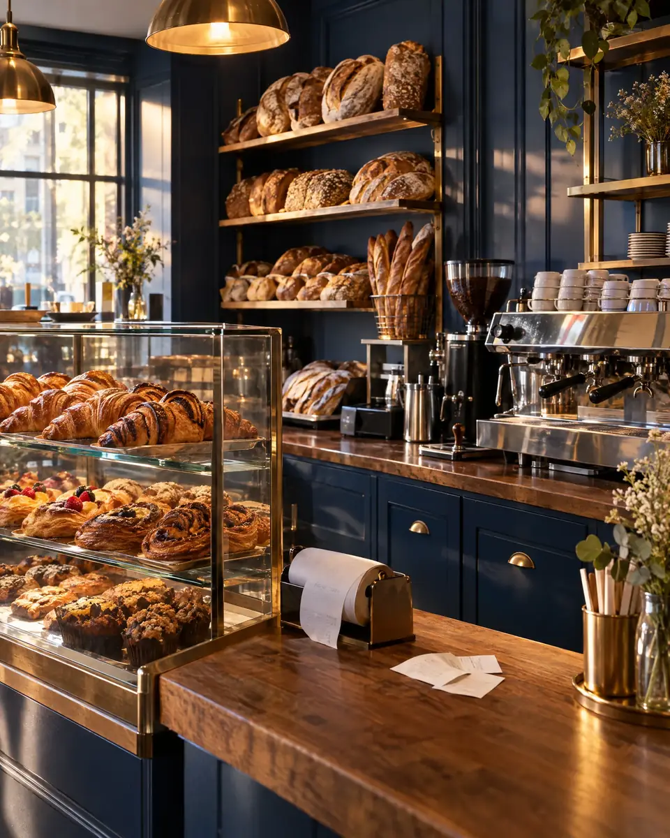 Bäckereitheke mit Gebäckvitrine, Brotregal und Kaffeemaschine, vorne eine Kassenbonrolle auf dem Tresen