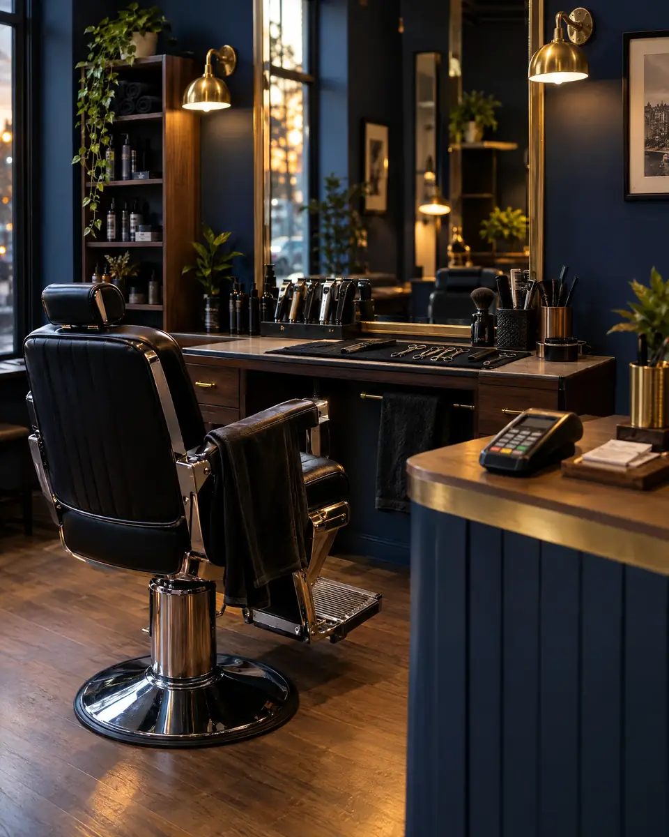 Barbershop mit Barbierstuhl vor einem Spiegeltisch, rechts eine Theke mit Kartenterminal
