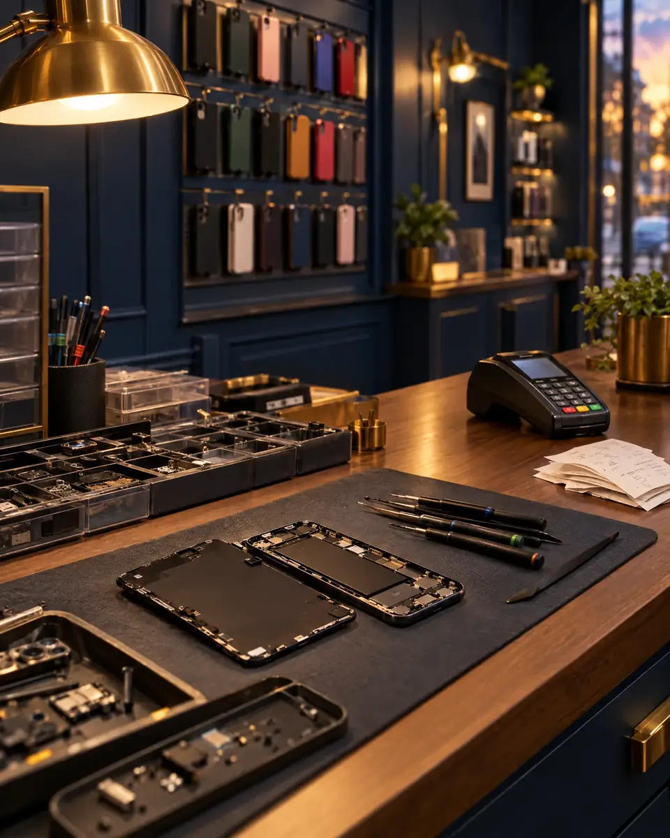 Reparaturtisch eines Handyladens mit Smartphones, Werkzeug und Kartenterminal, dahinter eine Wand mit Zubehör