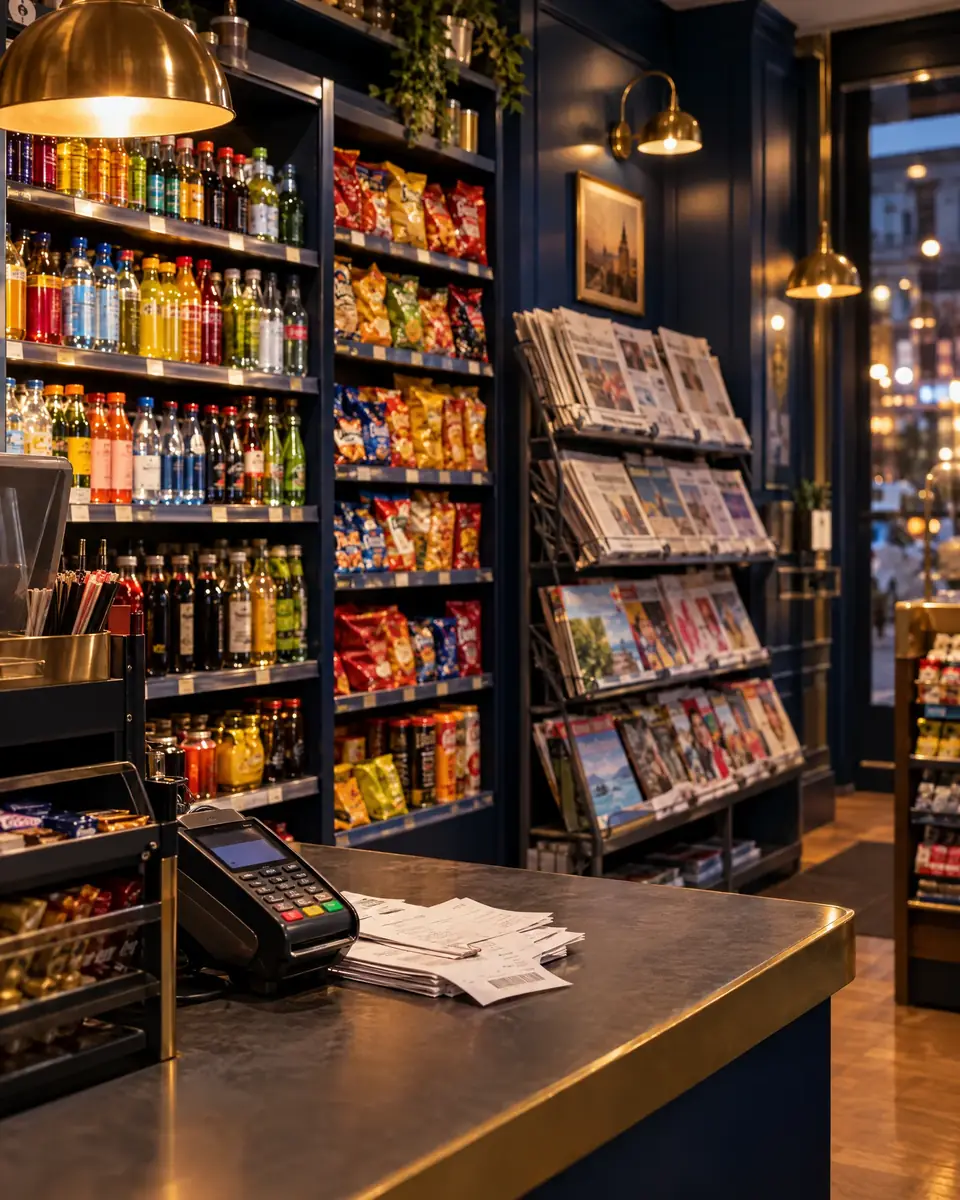 Kiosk-Theke mit Kartenterminal und Kassenbons, dahinter Regale mit Getränken, Snacks und Zeitschriften