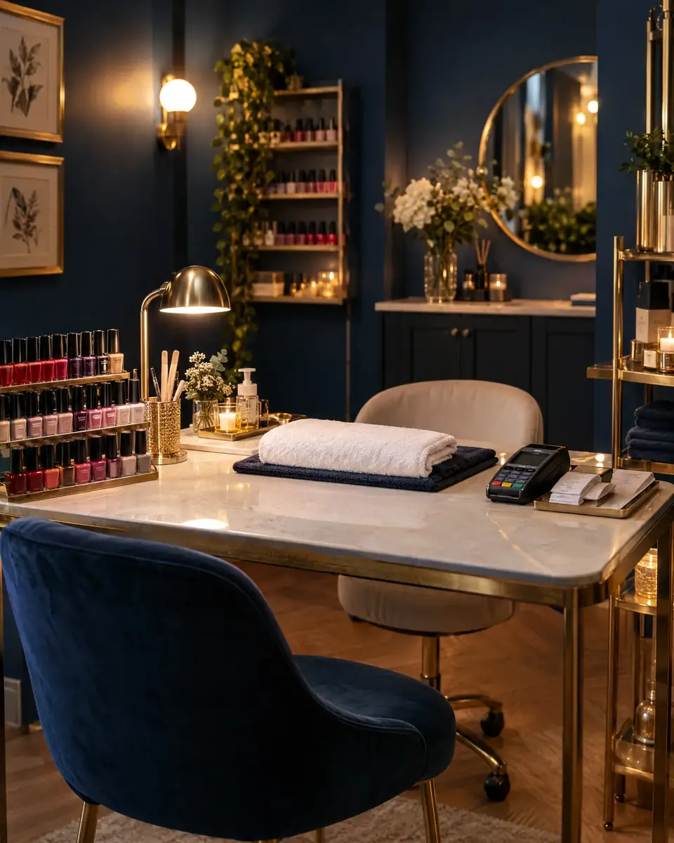Nagelstudio mit Behandlungstisch, Handtuch und Kartenterminal, dahinter ein Regal mit Nagellacken