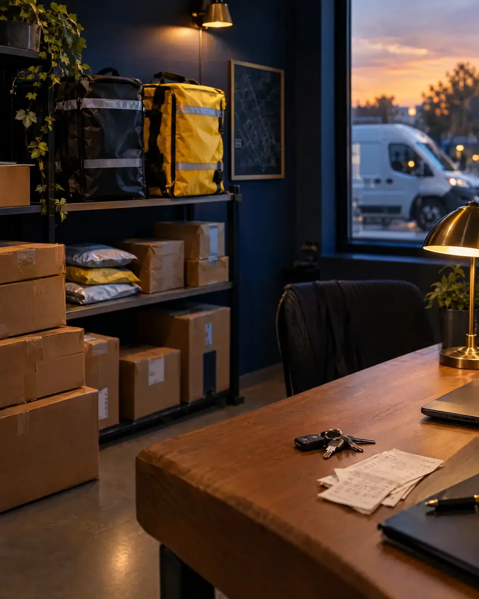 Büro eines Kurierdienstes mit Lieferrucksäcken und Paketen im Regal, auf dem Schreibtisch Schlüssel und Tankquittungen